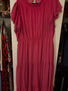 Women's Pink Ruffle Sleeve Tiered Dress